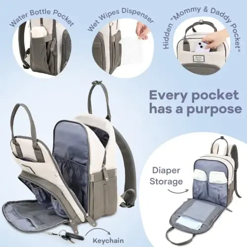 RUVALINO Diaper Bag Backpack-Multifunction Baby Travel Bag with Changing pad, Insulated Bottle Holders & Pacifier Case, Large Capacity, Waterproof, Cream & Taupe - 5