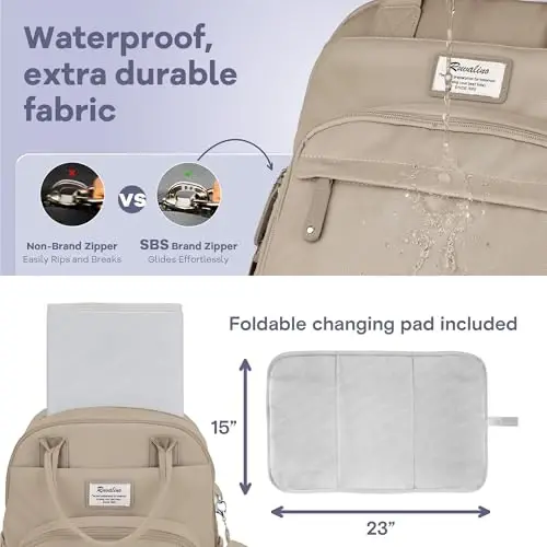 RUVALINO Diaper Bag Backpack-Multifunction Baby Travel Bag with Changing pad, Insulated Bottle Holders & Pacifier Case, Large Capacity, Waterproof, Clay - 6