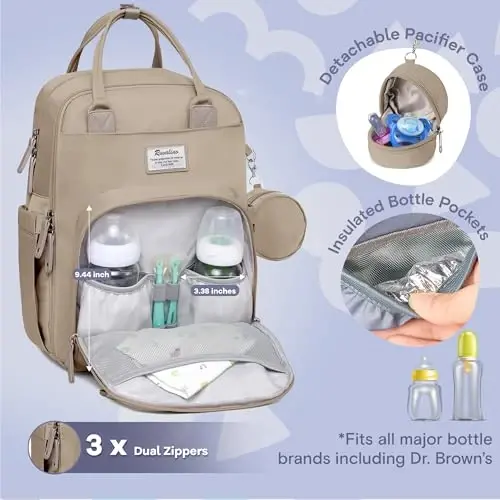 RUVALINO Diaper Bag Backpack-Multifunction Baby Travel Bag with Changing pad, Insulated Bottle Holders & Pacifier Case, Large Capacity, Waterproof, Clay - 2