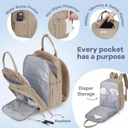 RUVALINO Diaper Bag Backpack-Multifunction Baby Travel Bag with Changing pad, Insulated Bottle Holders & Pacifier Case, Large Capacity, Waterproof, Clay - 3