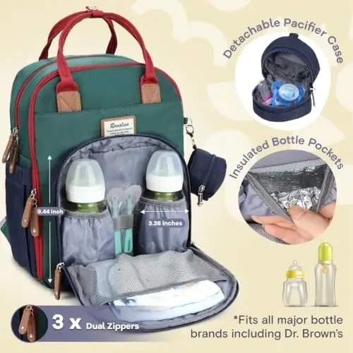 RUVALINO Diaper Bag Backpack-Multifunction Baby Travel Bag with Changing pad, Insulated Bottle Holders & Pacifier Case, Large Capacity, Waterproof, Red-Green-Blue - 4