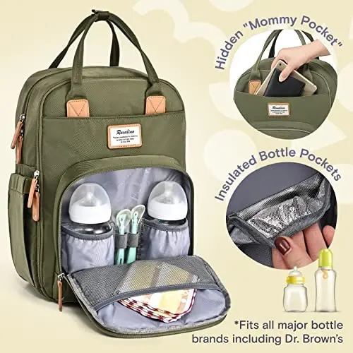 RUVALINO Diaper Bag Backpack-Expandable Baby Bag with up to 50% Capacity -Baby Essentials Bag with Changing Pad Insulated Bottle Holders & Pacifier Case, Waterproof, Army Green XL - 4