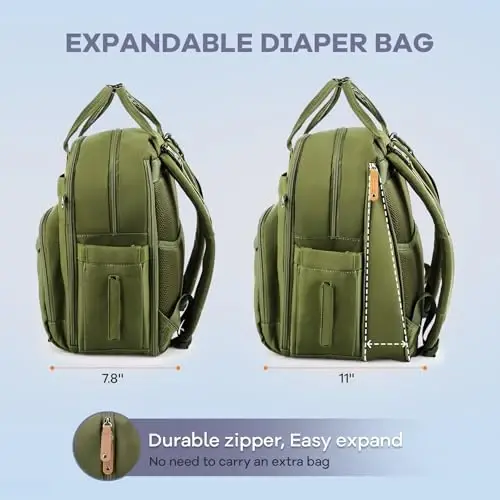 RUVALINO Diaper Bag Backpack-Expandable Baby Bag with up to 50% Capacity -Baby Essentials Bag with Changing Pad Insulated Bottle Holders & Pacifier Case, Waterproof, Army Green XL - 2