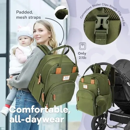 RUVALINO Diaper Bag Backpack-Expandable Baby Bag with up to 50% Capacity -Baby Essentials Bag with Changing Pad Insulated Bottle Holders & Pacifier Case, Waterproof, Army Green XL - 5