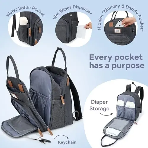 RUVALINO Diaper Bag Backpack-Expandable Baby Bag with up to 50% Capacity -Baby Essentials Bag with Changing Pad Insulated Bottle Holders & Pacifier Case, Waterproof, Dark Gray XL - 3