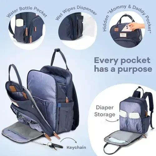 RUVALINO Diaper Bag Backpack, koʻp funksiyali sayohat uchun ryukzak, tugʻuruq uchun bolalar uchun taglik almashtirish sumkalari, taglik almashtirish sumkalari, suv oʻtkazmaydigan va zamonaviy, toʻq koʻk - 3