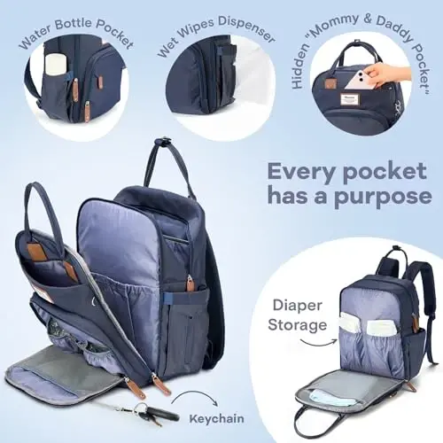 RUVALINO Diaper Bag Backpack, koʻp funksiyali sayohat uchun ryukzak, tugʻuruq uchun bolalar uchun taglik almashtirish sumkalari, taglik almashtirish sumkalari, suv oʻtkazmaydigan va zamonaviy, toʻq koʻk - 3
