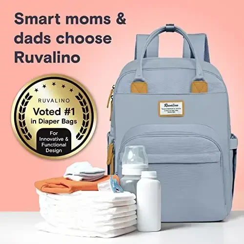 RUVALINO Diaper Bag Backpack-Ko'p funktsiyali bolalar sayohat sumkasi, пеленка, izolyatsiyalangan shisha ushlagichlari va so'rg'ich qutisi, katta hajmli, suv o'tkazmaydigan, Moviy osmon - 5