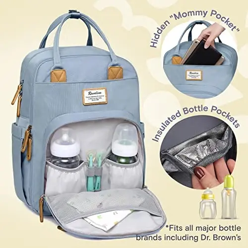 RUVALINO Diaper Bag Backpack-Ko'p funktsiyali bolalar sayohat sumkasi, пеленка, izolyatsiyalangan shisha ushlagichlari va so'rg'ich qutisi, katta hajmli, suv o'tkazmaydigan, Moviy osmon - RUVALINO (1)