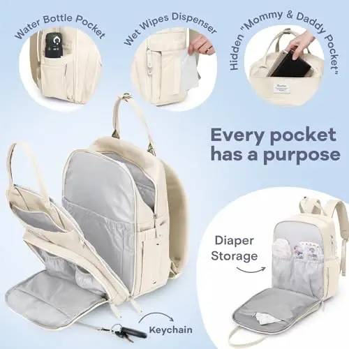 RUVALINO Diaper Bag Backpack-Multifunction Baby Travel Bag with Changing pad, Insulated Bottle Holders & Pacifier Case, Large Capacity, Waterproof, Beige - 3