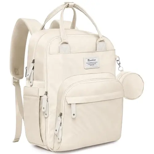 RUVALINO Diaper Bag Backpack-Multifunction Baby Travel Bag with Changing pad, Insulated Bottle Holders & Pacifier Case, Large Capacity, Waterproof, Beige 