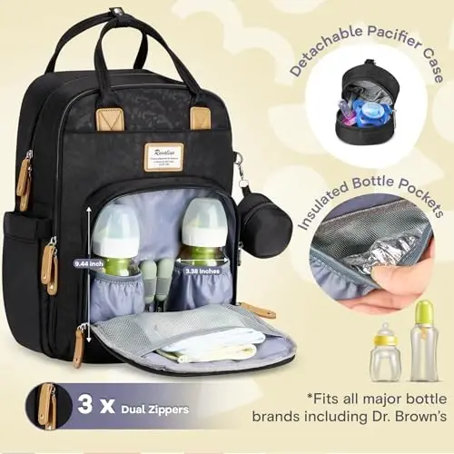RUVALINO Diaper Bag Backpack-Multifunction Baby Travel Bag with Changing pad, Insulated Bottle Holders & Pacifier Case, Large Capacity, Waterproof, Black Leopard - 2