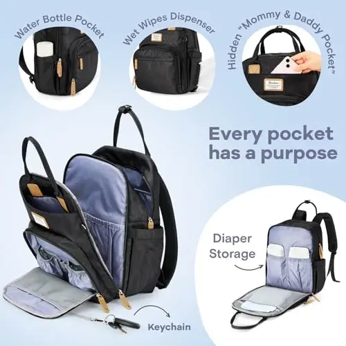 RUVALINO Diaper Bag Backpack-Multifunction Baby Travel Bag with Changing pad, Insulated Bottle Holders & Pacifier Case, Large Capacity, Waterproof, Black Leopard - 3