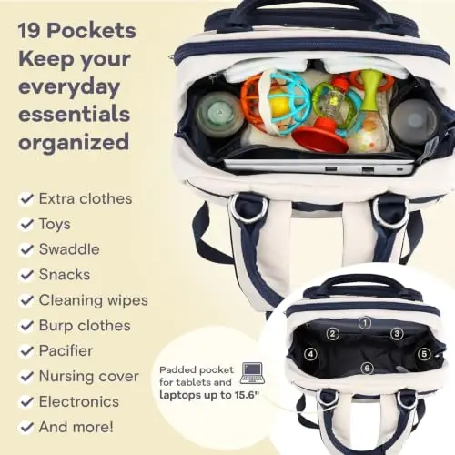 RUVALINO Diaper Bag Backpack-Multifunction Baby Travel Bag with Changing pad, Insulated Bottle Holders & Pacifier Case, Large Capacity, Waterproof, Cream & Blue - 3
