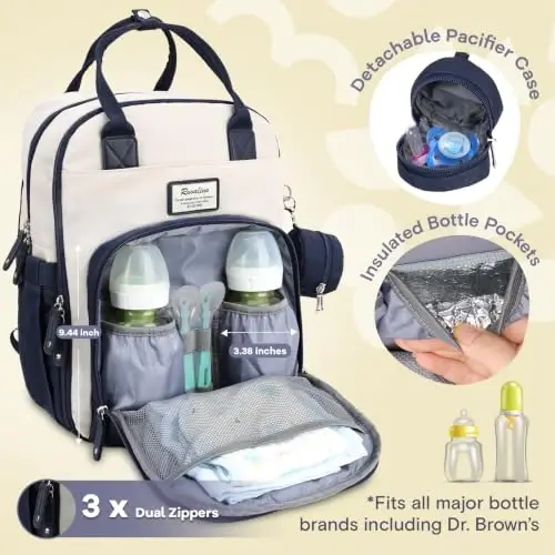 RUVALINO Diaper Bag Backpack-Multifunction Baby Travel Bag with Changing pad, Insulated Bottle Holders & Pacifier Case, Large Capacity, Waterproof, Cream & Blue - 4
