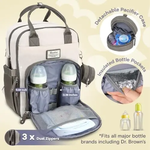 RUVALINO Diaper Bag Backpack-Multifunction Baby Travel Bag with Changing pad, Insulated Bottle Holders & Pacifier Case, Large Capacity, Waterproof, Cream & Taupe - 4