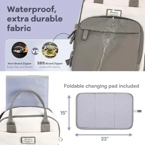 RUVALINO Diaper Bag Backpack-Multifunction Baby Travel Bag with Changing pad, Insulated Bottle Holders & Pacifier Case, Large Capacity, Waterproof, Cream & Taupe - 6