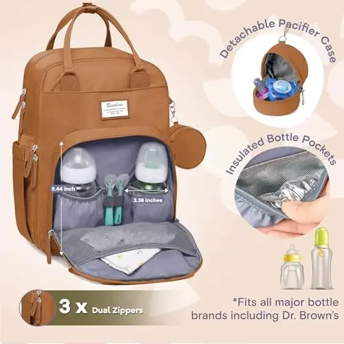 RUVALINO Diaper Bag Backpack-Multifunction Baby Travel Bag with Changing pad, Insulated Bottle Holders & Pacifier Case, Large Capacity, Waterproof, Dark Brown - 2