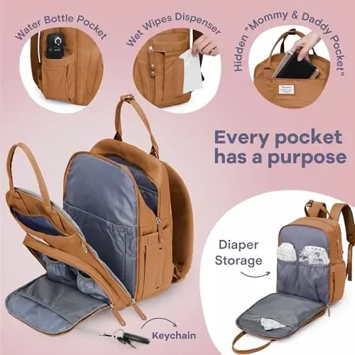 RUVALINO Diaper Bag Backpack-Multifunction Baby Travel Bag with Changing pad, Insulated Bottle Holders & Pacifier Case, Large Capacity, Waterproof, Dark Brown - 3