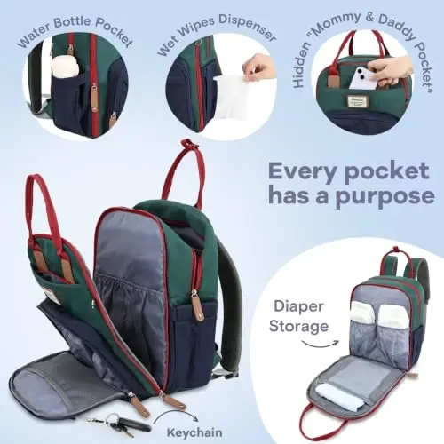 RUVALINO Diaper Bag Backpack-Multifunction Baby Travel Bag with Changing pad, Insulated Bottle Holders & Pacifier Case, Large Capacity, Waterproof, Red-Green-Blue - 5
