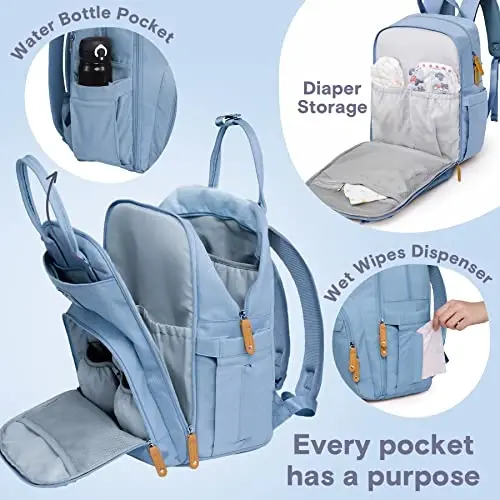 RUVALINO Diaper Bag Backpack-Multifunction Baby Travel Bag with Changing pad, Insulated Bottle Holders & Pacifier Case, Large Capacity, Waterproof, Sky Blue - 3