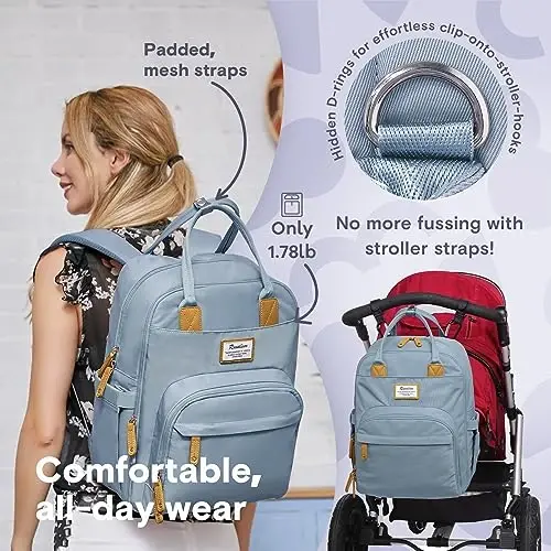 RUVALINO Diaper Bag Backpack-Multifunction Baby Travel Bag with Changing pad, Insulated Bottle Holders & Pacifier Case, Large Capacity, Waterproof, Sky Blue - 6