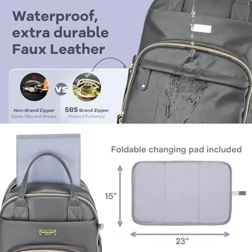 RUVALINO Diaper Bag Backpack, Multifunction Travel Baby Diaper Bag with Changing Pad, Insulated Bottle Holders & Pacifier Case, Large Capacity,Waterproof, Iron Gray - 4