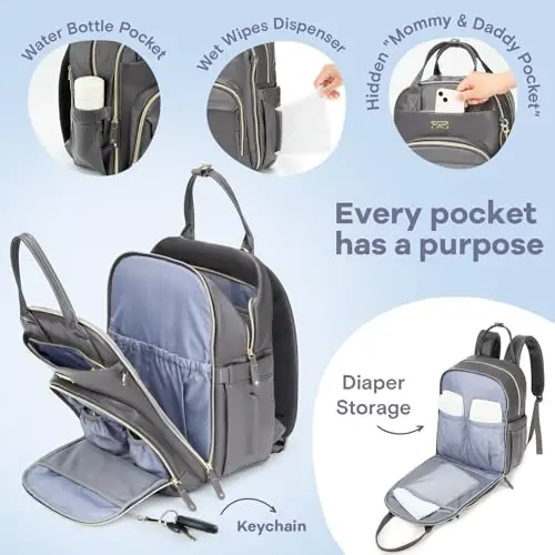 RUVALINO Diaper Bag Backpack, Multifunction Travel Baby Diaper Bag with Changing Pad, Insulated Bottle Holders & Pacifier Case, Large Capacity,Waterproof, Iron Gray - 3
