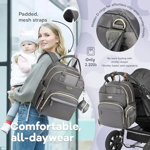 RUVALINO Diaper Bag Backpack, Multifunction Travel Baby Diaper Bag with Changing Pad, Insulated Bottle Holders & Pacifier Case, Large Capacity,Waterproof, Iron Gray - 6