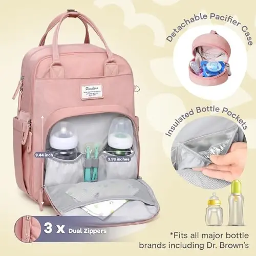 RUVALINO Diaper Bag Backpack, Multifunction Travel Back Pack for Girls, Maternity Baby Changing Bags with Changing Pad for Mom, Large Capacity, Waterproof and Stylish, Pink - 2