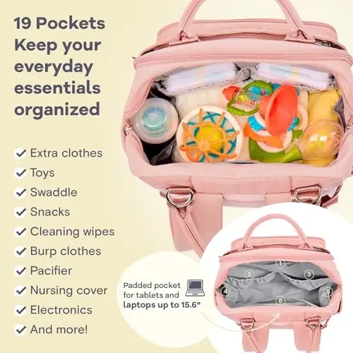 RUVALINO Diaper Bag Backpack, Multifunction Travel Back Pack for Girls, Maternity Baby Changing Bags with Changing Pad for Mom, Large Capacity, Waterproof and Stylish, Pink - 4