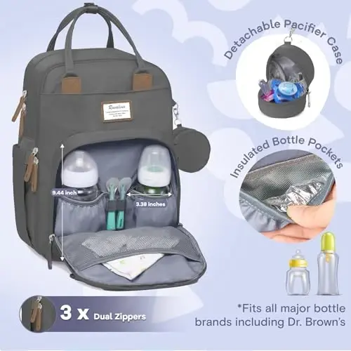 RUVALINO Diaper Bag Backpack, Multifunction Travel Back Pack Maternity Baby Changing Bags, Large Capacity, Waterproof and Stylish, Iron Gray - 3