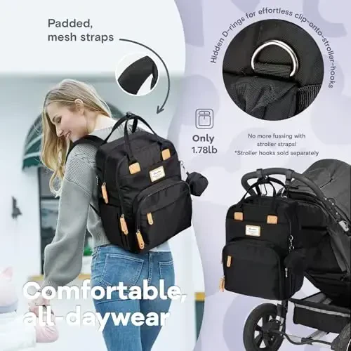 RUVALINO Diaper Bag Backpack, Multifunction Travel Pack Maternity Baby Changing Bags, Large Capacity, Waterproof, Black - 5