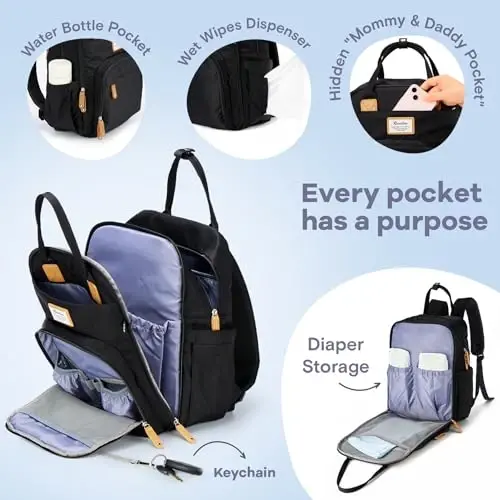RUVALINO Diaper Bag Backpack, Multifunction Travel Pack Maternity Baby Changing Bags, Large Capacity, Waterproof, Black - 8