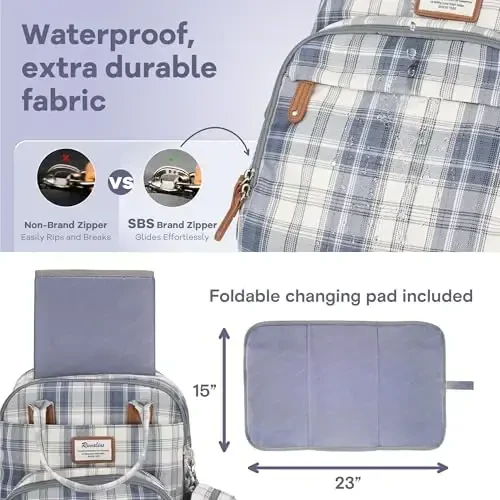 RUVALINO Diaper Bag Backpack, Multifunction Travel Pack Maternity Baby Changing Bags, Large Capacity, Waterproof, Blue Plaid - 7