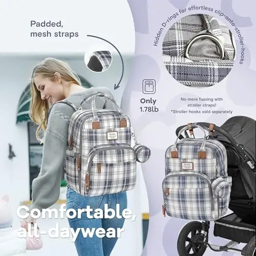 RUVALINO Diaper Bag Backpack, Multifunction Travel Pack Maternity Baby Changing Bags, Large Capacity, Waterproof, Blue Plaid - 6