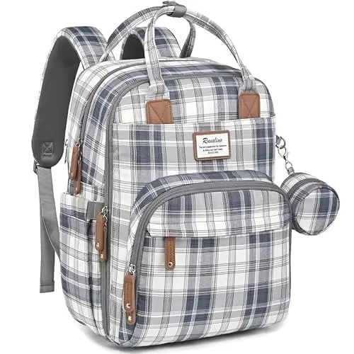RUVALINO Diaper Bag Backpack, Multifunction Travel Pack Maternity Baby Changing Bags, Large Capacity, Waterproof, Blue Plaid 