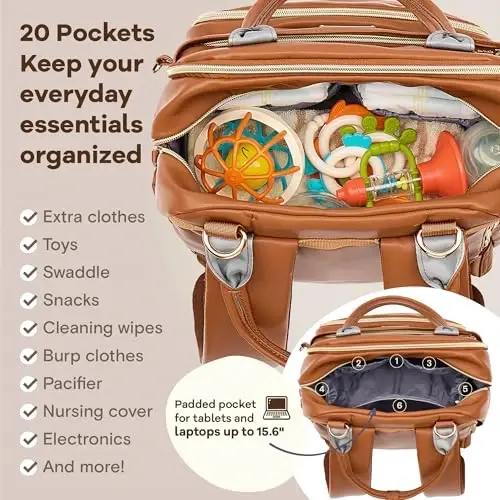 RUVALINO Diaper Bag Backpack, Multifunction Travel Pack Maternity Baby Changing Bags, Large Capacity, Waterproof, Brown - 4