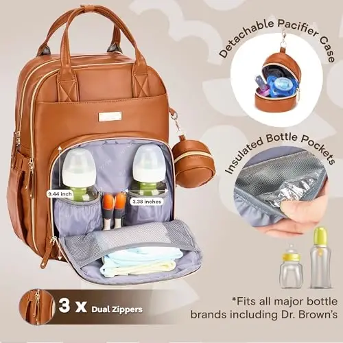 RUVALINO Diaper Bag Backpack, Multifunction Travel Pack Maternity Baby Changing Bags, Large Capacity, Waterproof, Brown - 2