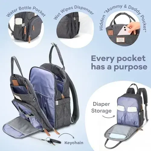 RUVALINO Diaper Bag Backpack, Multifunction Travel Pack Maternity Baby Changing Bags, Large Capacity, Waterproof, Dark Gray - 3