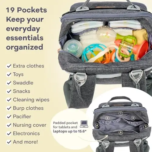 RUVALINO Diaper Bag Backpack, Multifunction Travel Pack Maternity Baby Changing Bags, Large Capacity, Waterproof, Dark Gray - 4