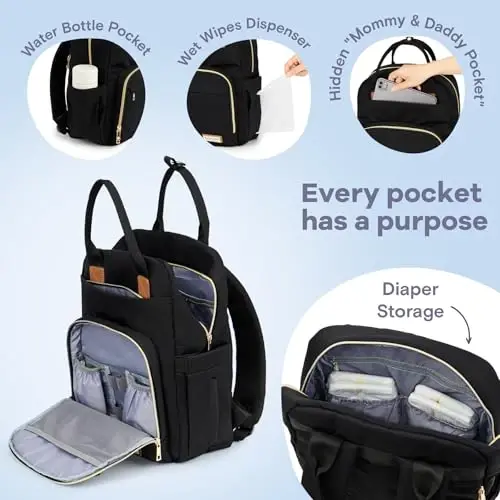 RUVALINO Diaper Bag Backpack, Multifunction Travel Pack Maternity Baby Changing Bags, Large Capacity, Waterproof, Deep Black, Polyester - RUVALINO (1)