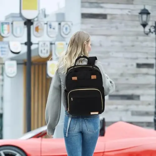 RUVALINO Diaper Bag Backpack, Multifunction Travel Pack Maternity Baby Changing Bags, Large Capacity, Waterproof, Deep Black, Polyester - 6