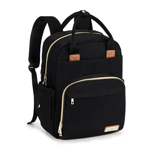 RUVALINO Diaper Bag Backpack, Multifunction Travel Pack Maternity Baby Changing Bags, Large Capacity, Waterproof, Deep Black, Polyester 
