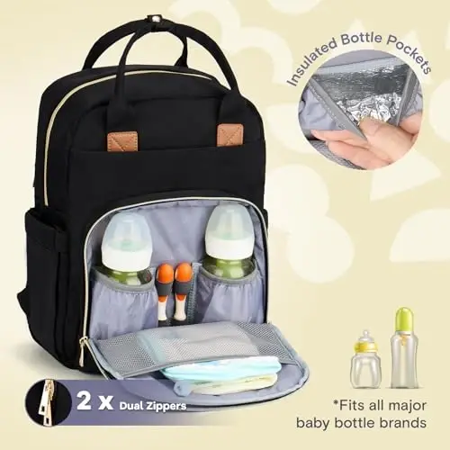 RUVALINO Diaper Bag Backpack, Multifunction Travel Pack Maternity Baby Changing Bags, Large Capacity, Waterproof, Deep Black, Polyester - 9