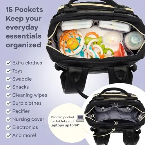 RUVALINO Diaper Bag Backpack, Multifunction Travel Pack Maternity Baby Changing Bags, Large Capacity, Waterproof, Deep Black, Polyester - 10