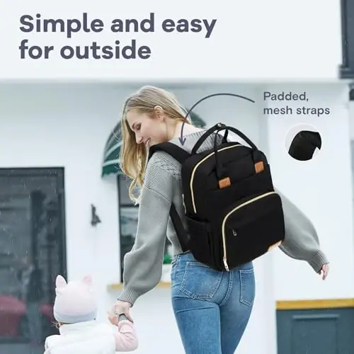 RUVALINO Diaper Bag Backpack, Multifunction Travel Pack Maternity Baby Changing Bags, Large Capacity, Waterproof, Deep Black, Polyester - 11