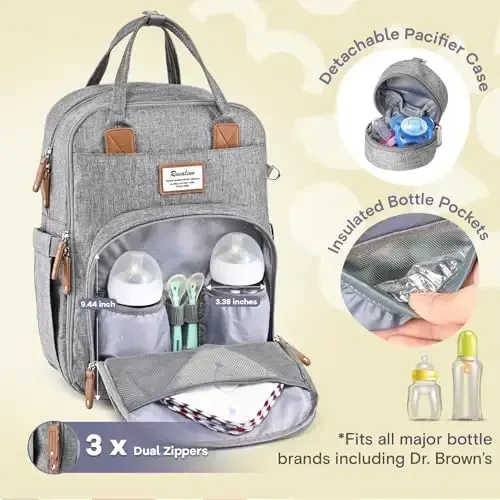 RUVALINO Diaper Bag Backpack, Multifunction Travel Pack Maternity Baby Changing Bags, Large Capacity, Waterproof, Gray 