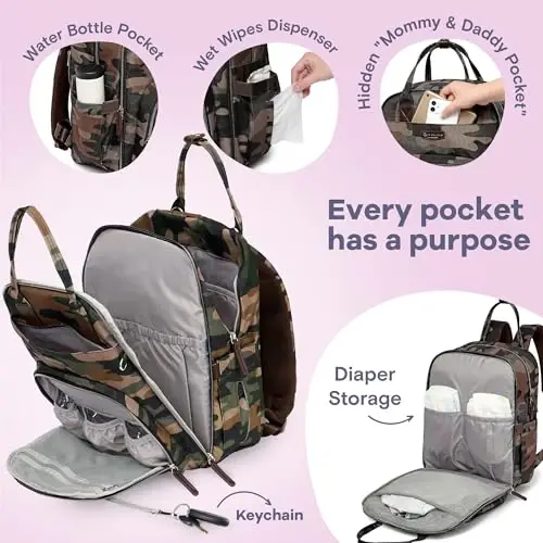 RUVALINO Diaper Bag Backpack, Multifunction Travel Pack Maternity Baby Changing Bags, Large Capacity, Waterproof, Green Camo - 3