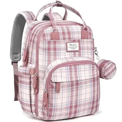 RUVALINO Diaper Bag Backpack, Multifunction Travel Pack Maternity Baby Changing Bags, Large Capacity, Waterproof, Pink Plaid - 1
